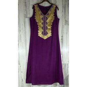 Ashro Maxi Dress Size 12 Purple Gold Embroidered Sleeveless Linen Blend Moroccan